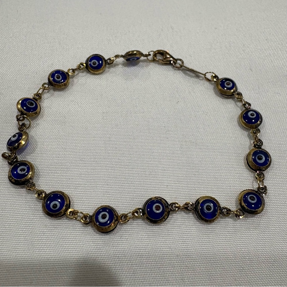 925 Sterling Silver Evil Eye Bracelet Blue Glass Gold Tone Link 7.5”